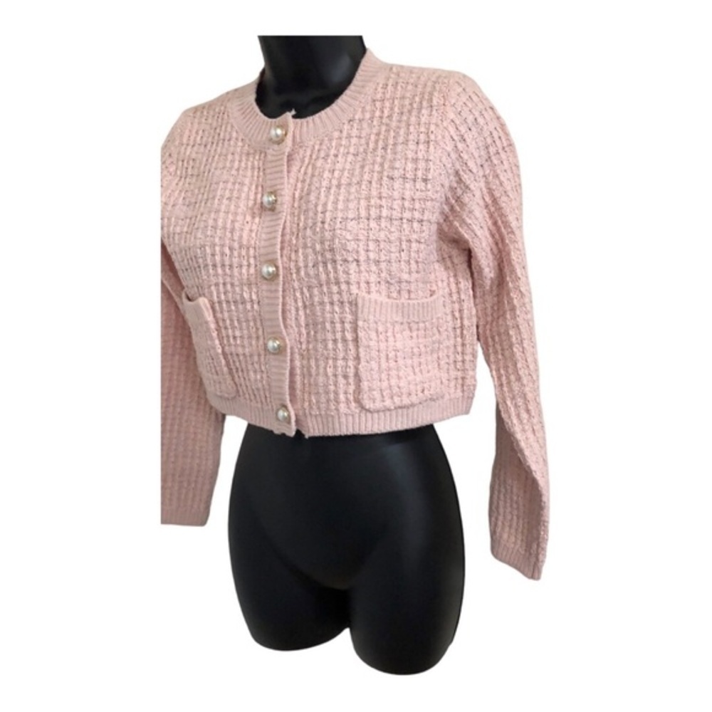 Jessica Simpson pink textured knit pearl button crop cardigan sweater jacket